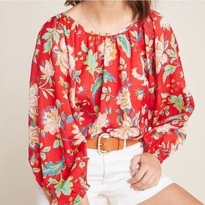 Anthro Maeve Lake House Red Floral Peasant Blouse